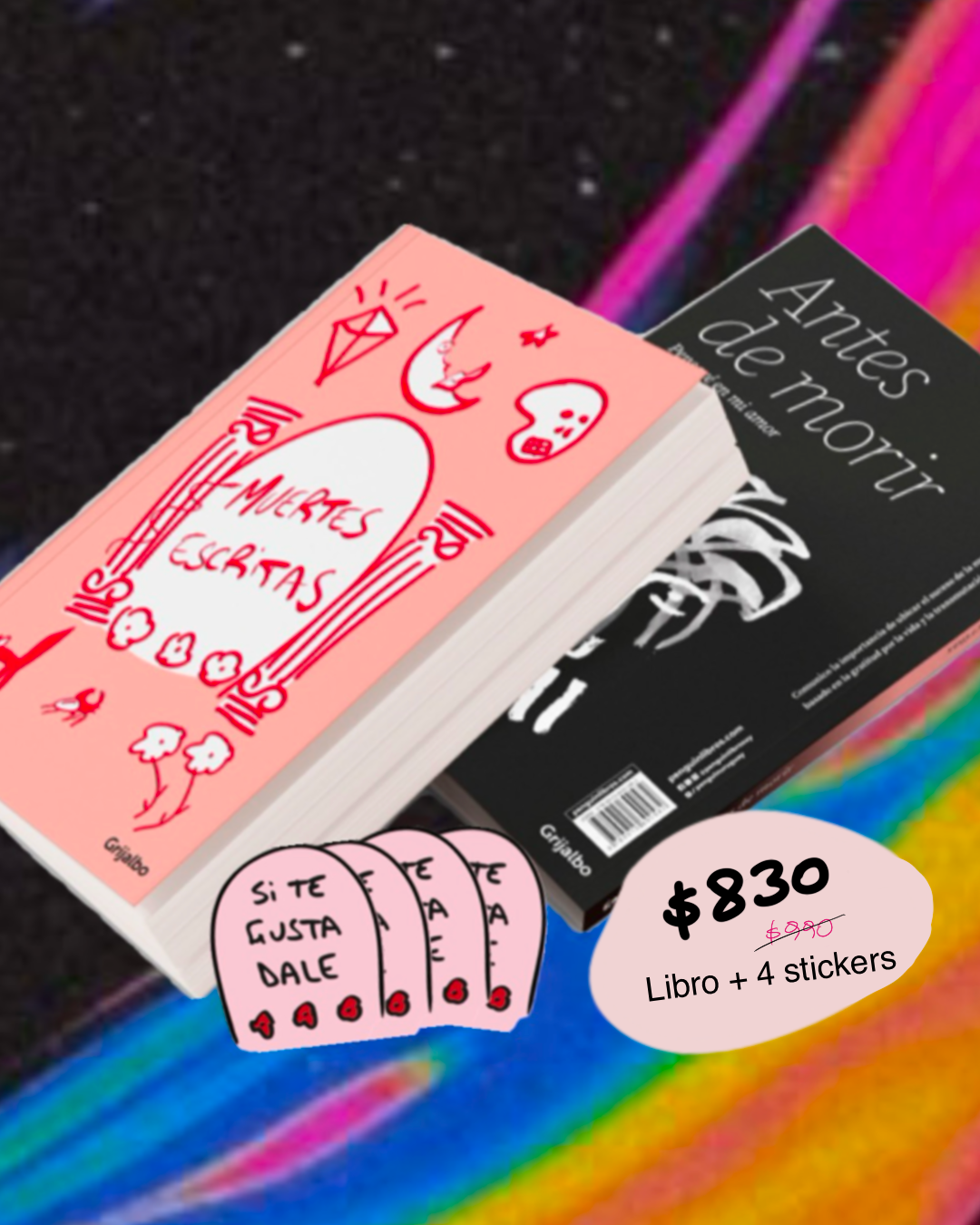 Promo: libro Muertes Escritas + 4 stickers